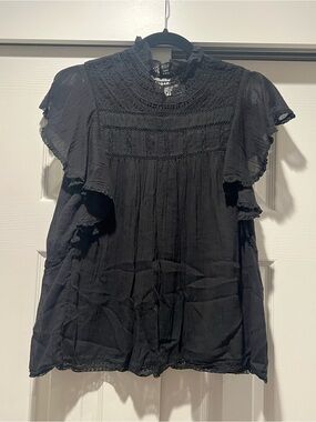 LINI Black Lace Yoke Flutter Sleeve Blouse